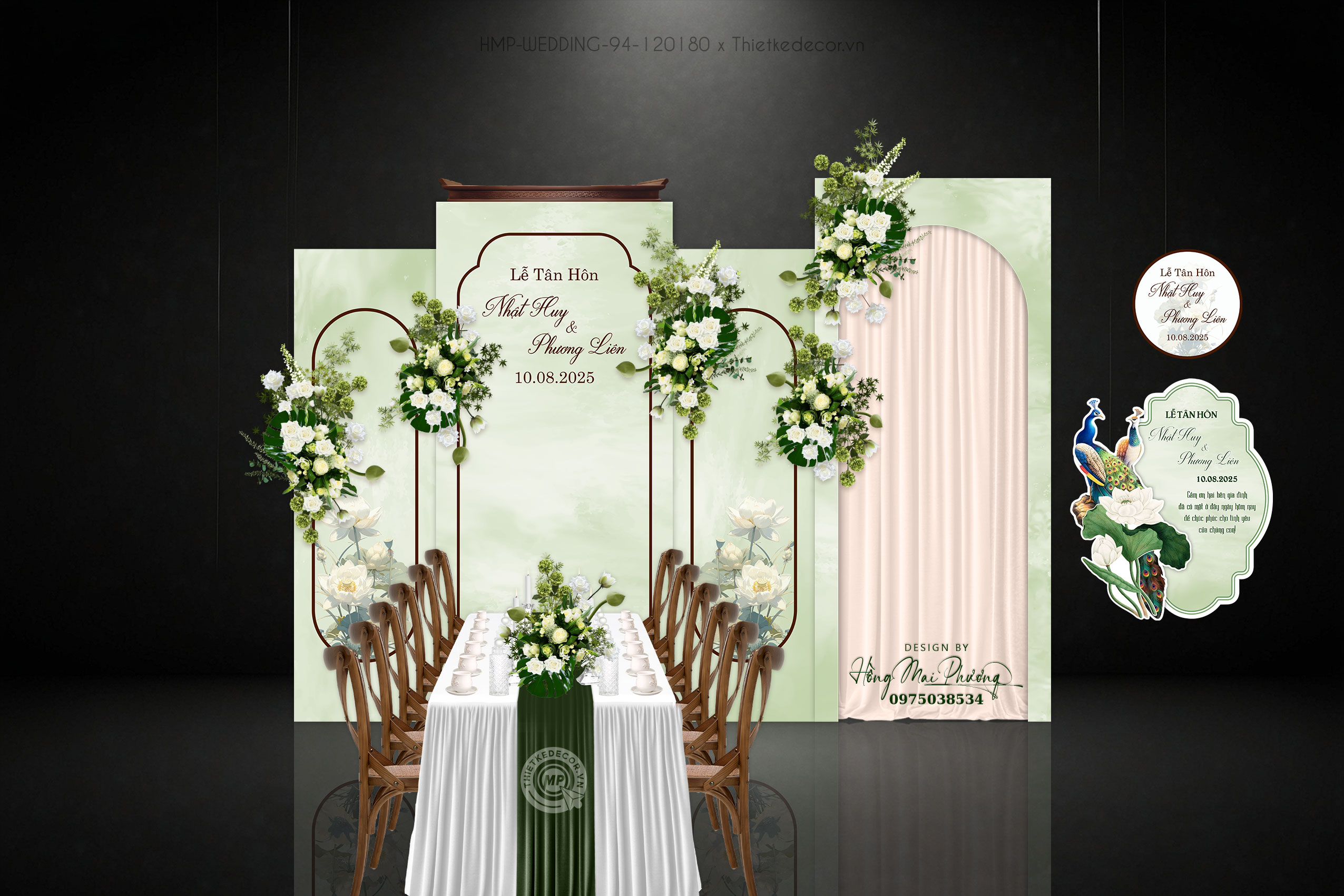 Gia tiên tone xanh lá họa tiết hoa sen, kèm tem nước và tag bàn đồng bộ